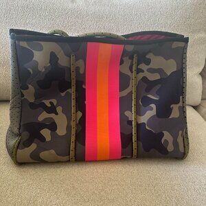 GRETCHEN Camo Neoprene Tote Purse With Pink Orange Stripe